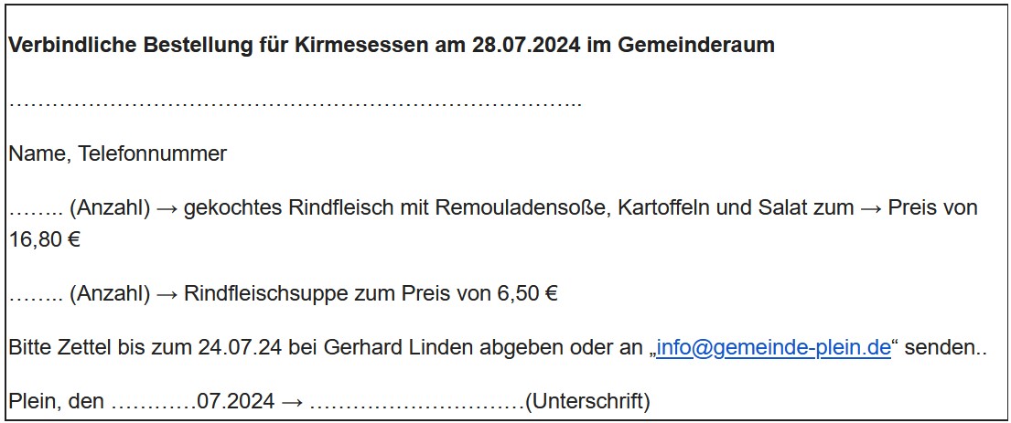 Verbindliche Bestellung für Kirmesessen am 28.07.2024